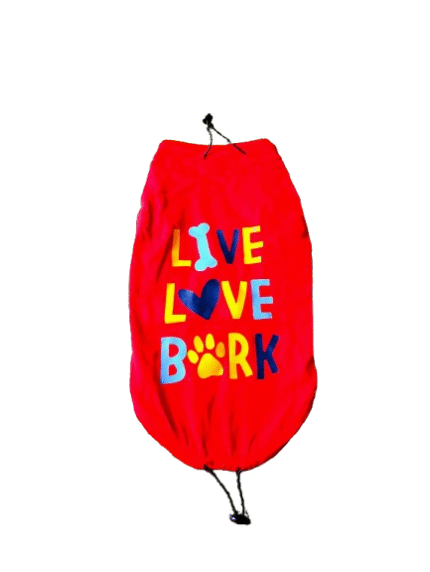 Live Love Bark Dog T-Shirt, Red Cotton, Drawstring Design